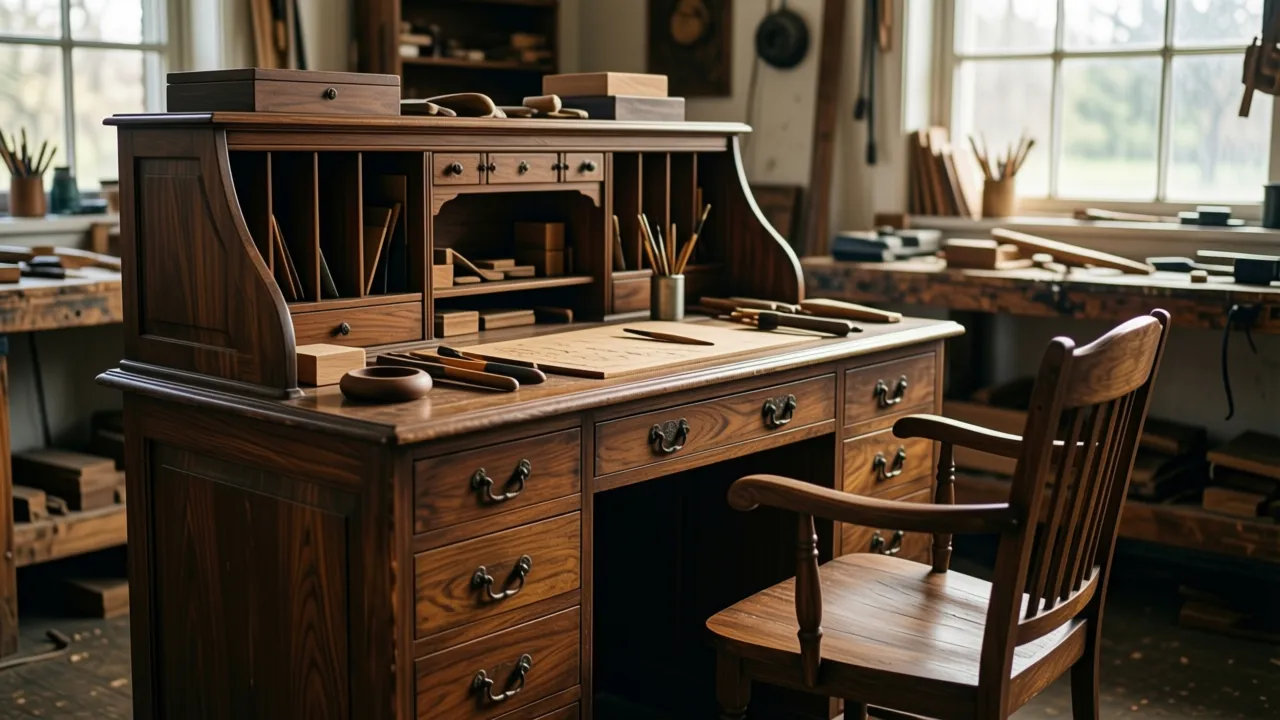 Walnut writing desk, made by a woodworker, on a studio workbench
