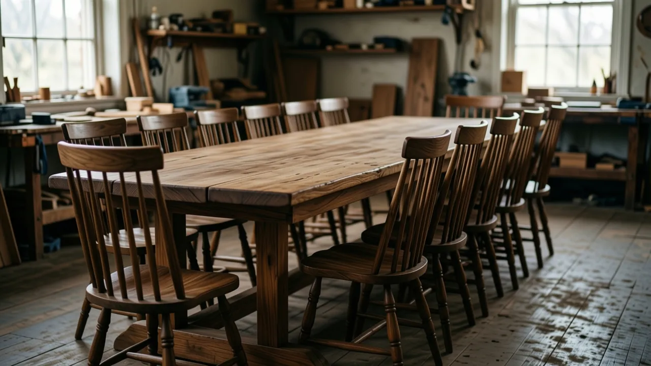 A twelve-seat oak refectory table, made by a woodworker, on a studio workbench