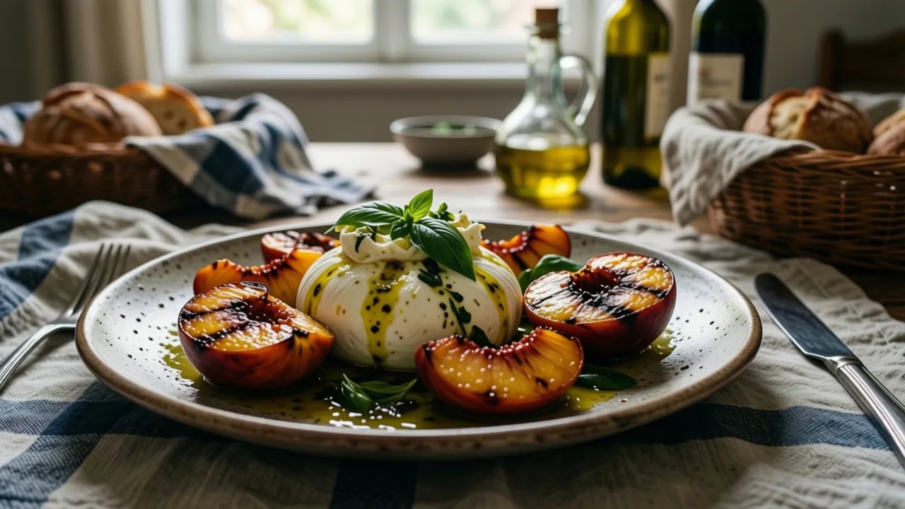 Burrata, grilled peach &amp; basil oil: Puglian burrata, charred peach, torn basil