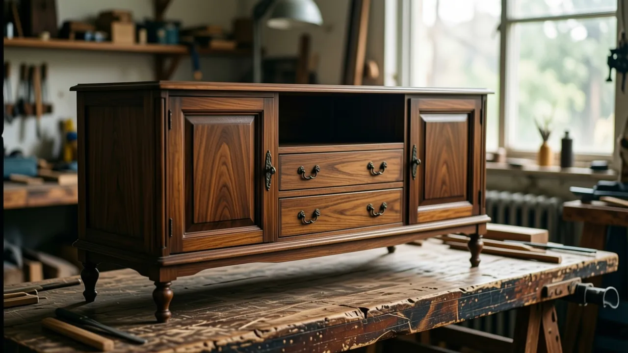Cherry sideboard, made by a woodworker, on a studio workbench