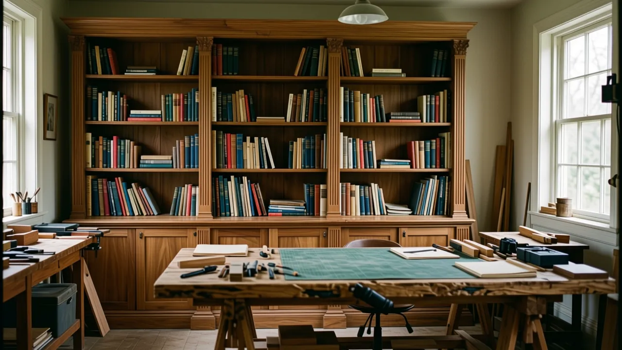 Built-in bookcase in painted poplar, made by a woodworker, on a studio workbench