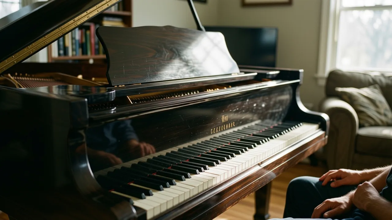 A freshly tuned upright piano in a Bozeman living room, lid open, keys catching
