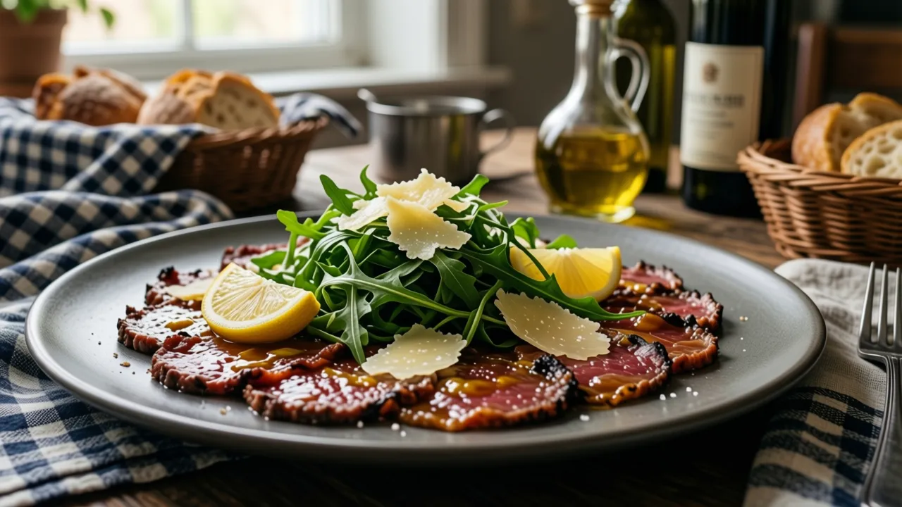 Beef carpaccio, rocket &amp; parmigiano: Paper-thin beef, lemon, shaved parmigiano