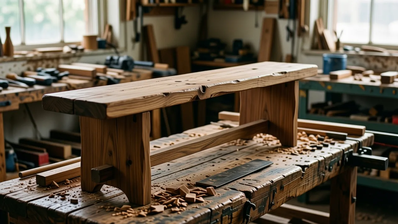 Ash bench, made by a woodworker, on a studio workbench