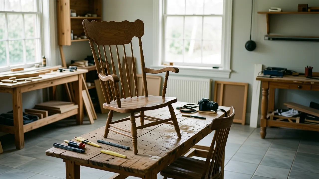 Repair of a 1920s rocker, made by a woodworker, on a studio workbench