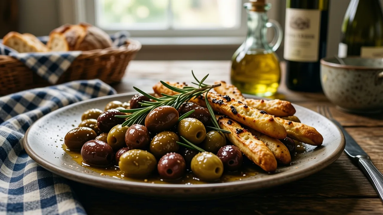Marinated olives &amp; grissini: Warm olives, rosemary grissini